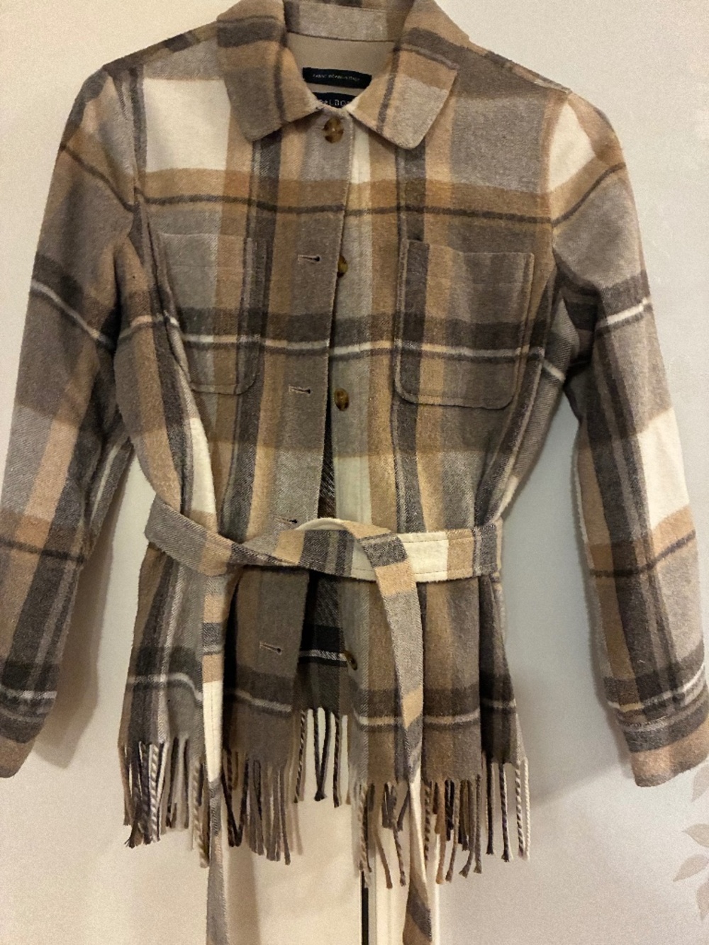 Talbots Italian Wool Blend Plaid Belted Fringe Jacket Size Med Petite